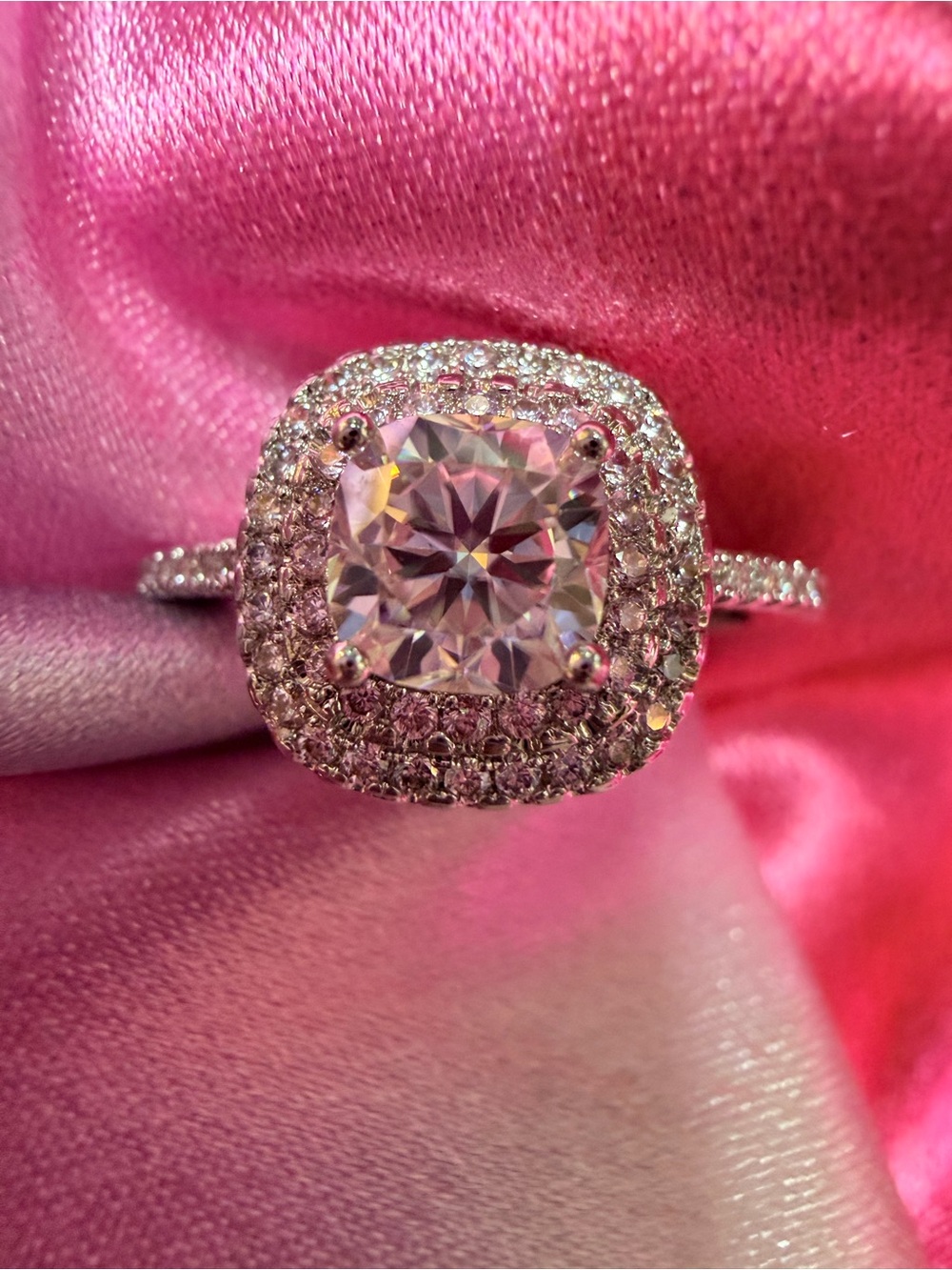 New Moissanite Ring Cushion with shimmering Double Halo and Pave’ Band - Picture 8 of 9